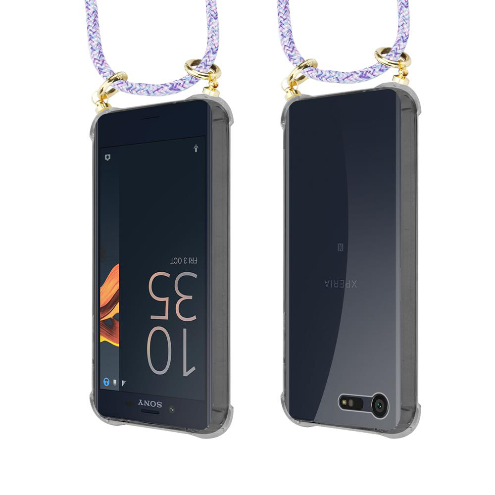 Teléfono inteligente con cordón, vistas frontal y trasera. Pantalla oscura muestra hora.