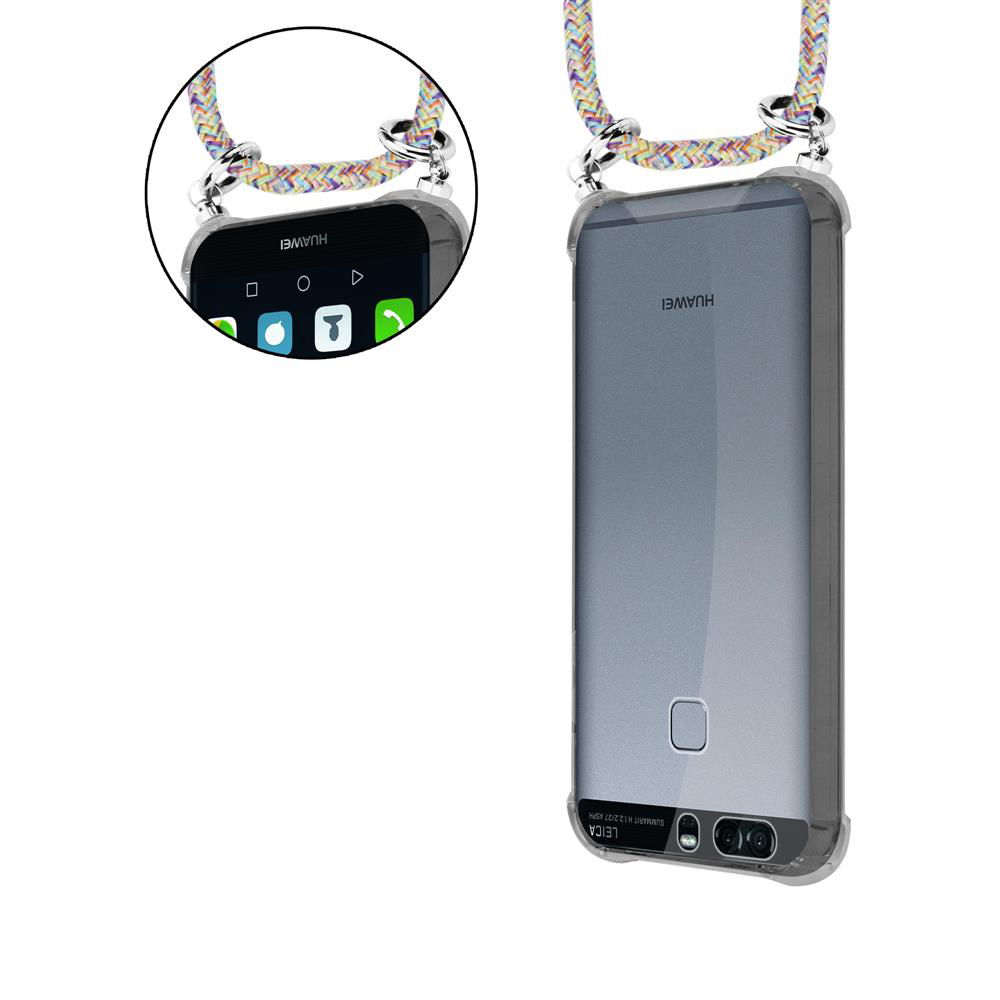 Ein Huawei-Smartphone in einer transparenten Hülle mit einem bunten Band.