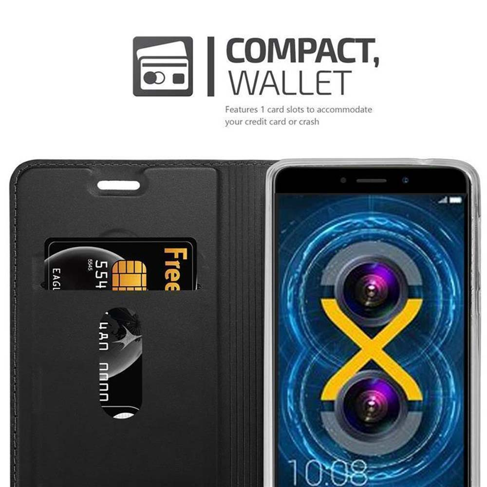Ein schwarzes Portemonnaie mit 1 Kartenschlitz und einem Smartphone mit X-Kamera-Symbol.
