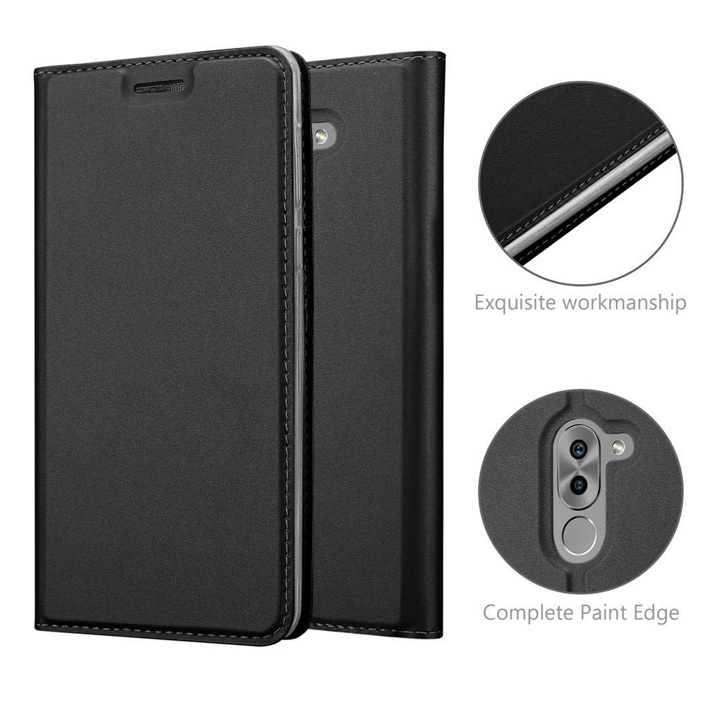 Schwarzes Handy-Flipcase mit Nähten, Nahaufnahmen von Kanten und Kameraaussparung.