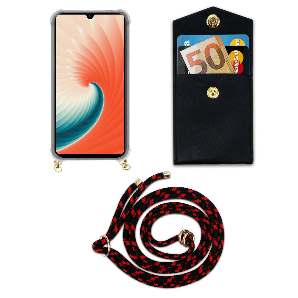 Uno smartphone in custodia, un portafoglio nero con carte e soldi, e un cordino.