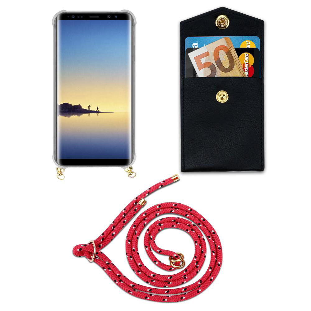 Smartphone con custodia, portafoglio con soldi e carte, corda rossa.