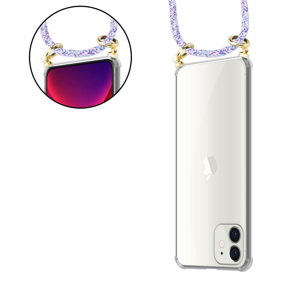 Una custodia trasparente per telefono con un laccio viola e bianco.