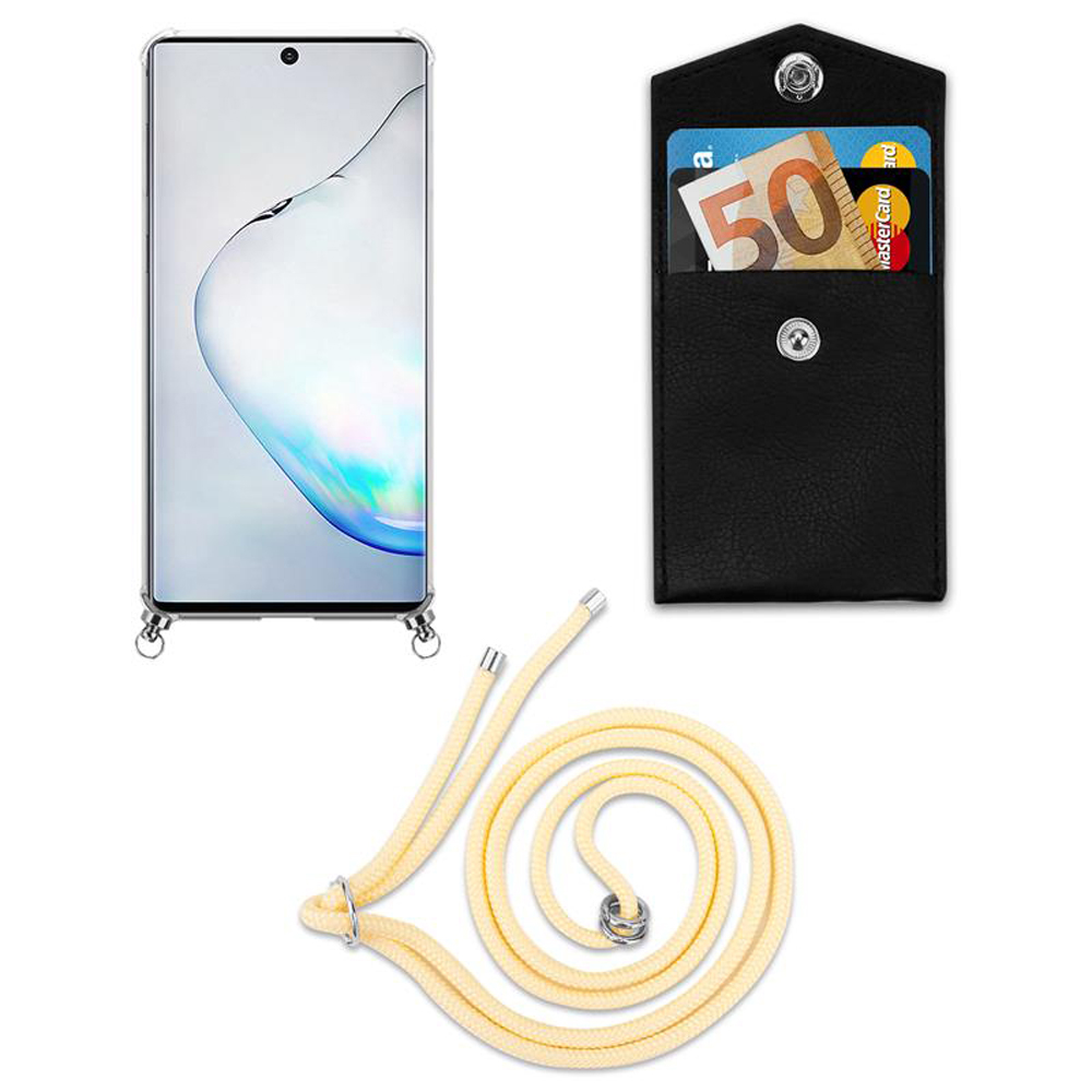 Uno smartphone in custodia trasparente, una tasca nera con soldi e carte, e un cordino.