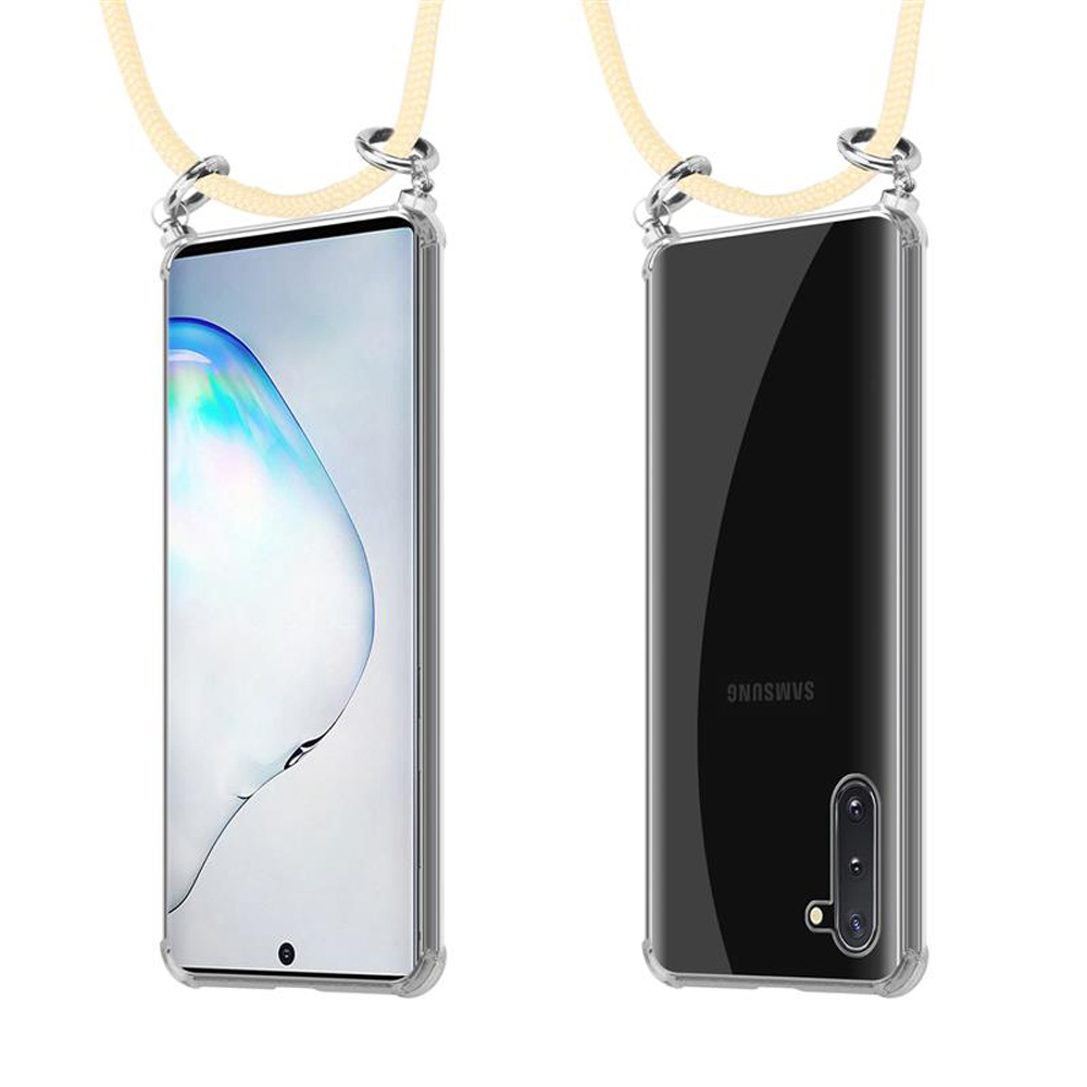 Custodia trasparente per telefono con laccetto color crema, viste frontale e posteriore.