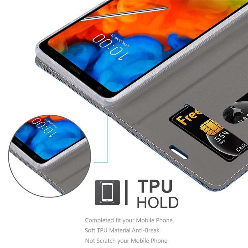 Custodia grigia per telefono con slot per carte. Mostra telefono con orario 10:00.