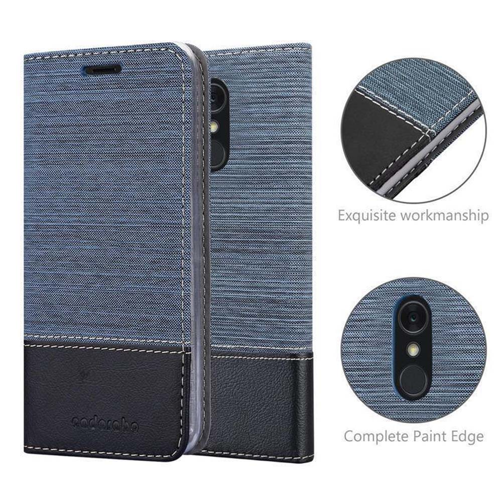 Custodia blu per telefono con fondo in pelle nera. Dettagli mostrano cuciture.