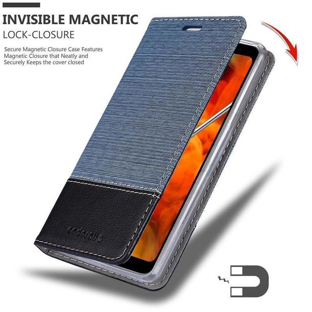 Custodia per telefono blu e nera con chiusura magnetica.