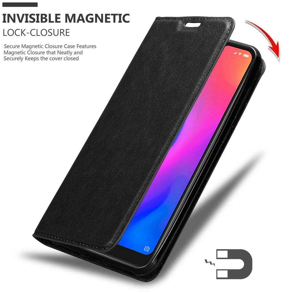 Custodia nera per telefono con chiusura magnetica aperta e schermo colorato.