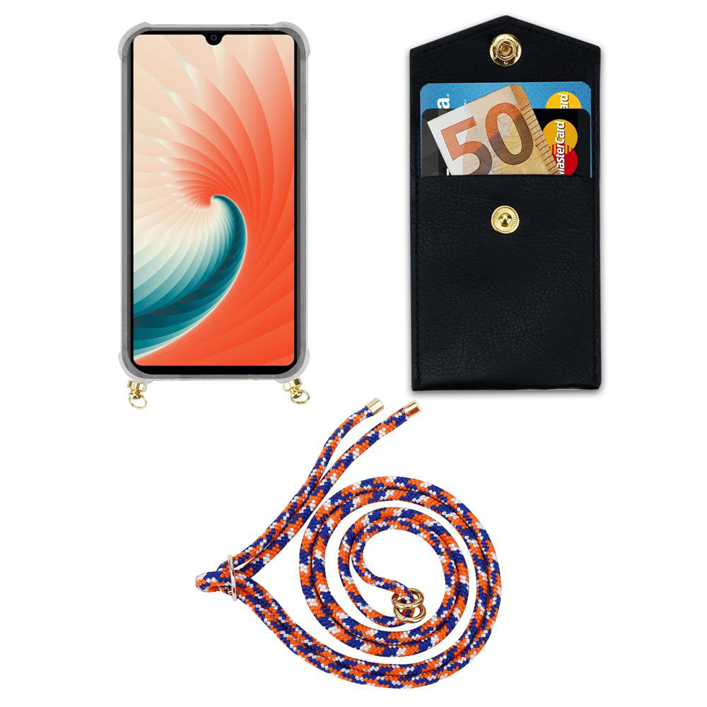 Smartphone in custodia, portafoglio con soldi/carta e cordino. Sfondo bianco.