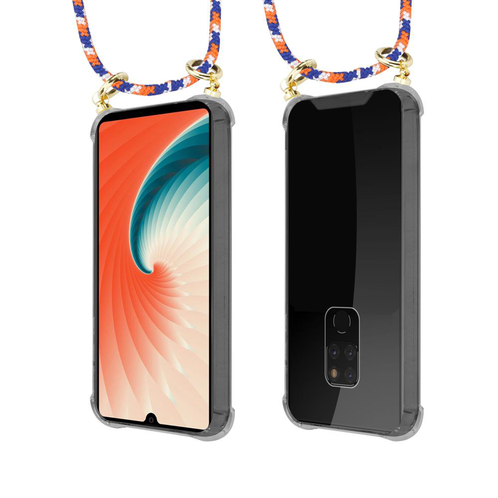 Un telefono con cordino, vista anteriore e posteriore. Custodia grigia.
