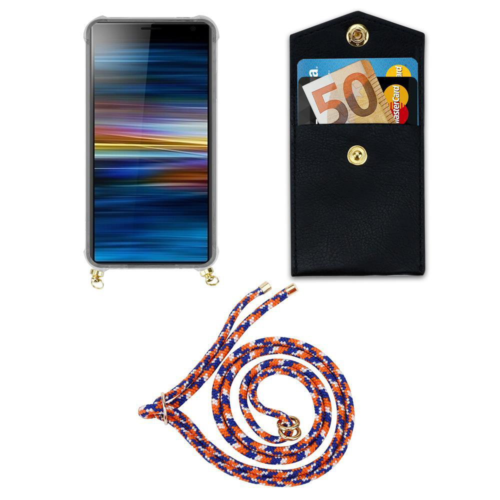 Smartphone-Hülle mit Kartenfach und Umhängeband in Orange und Blau.