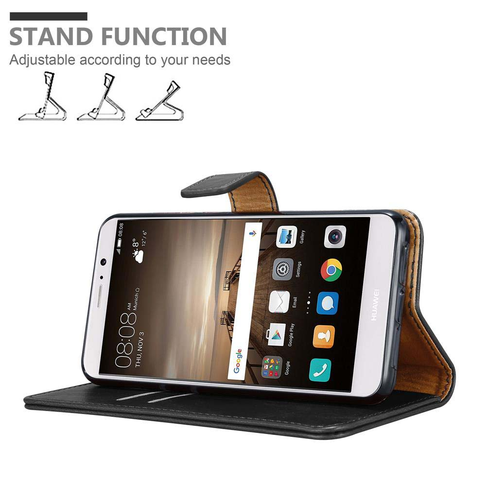 Ein Huawei-Smartphone in einer braunen Lederhülle mit Standfunktion.