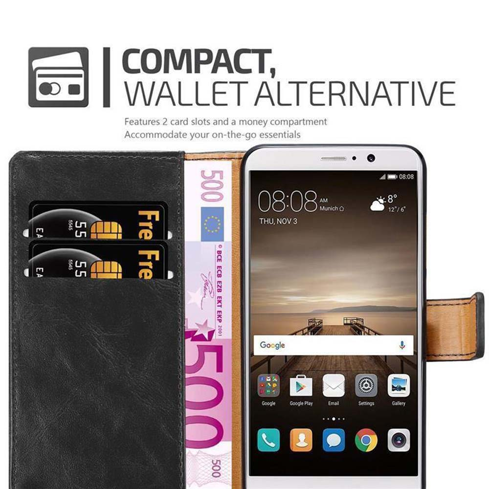 Schwarzes Portemonnaie mit zwei Karten und 500-Euro-Schein neben einem Smartphone.