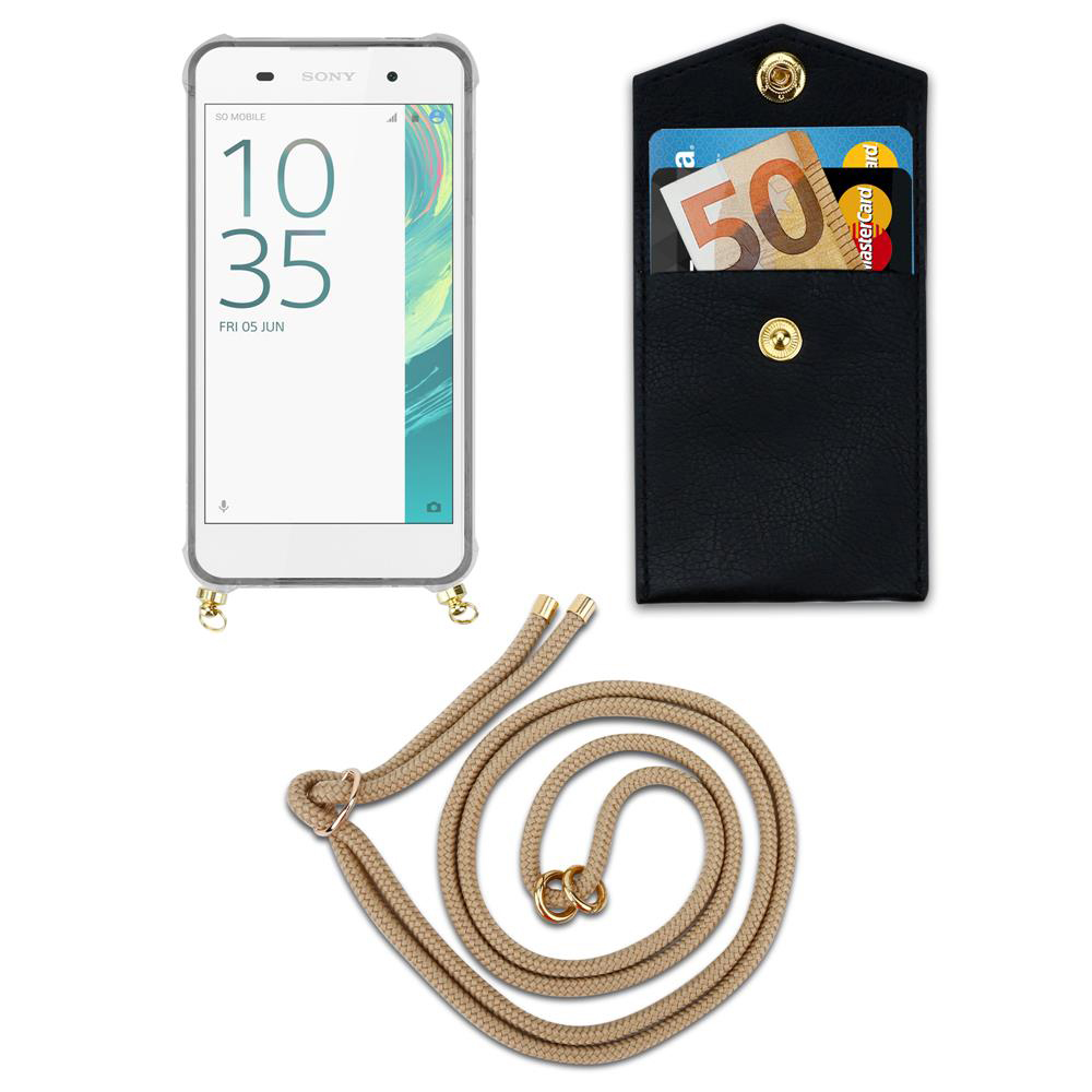 Smartphone mit Hülle, Portemonnaie mit Geld und Karten, und eine Kordel.