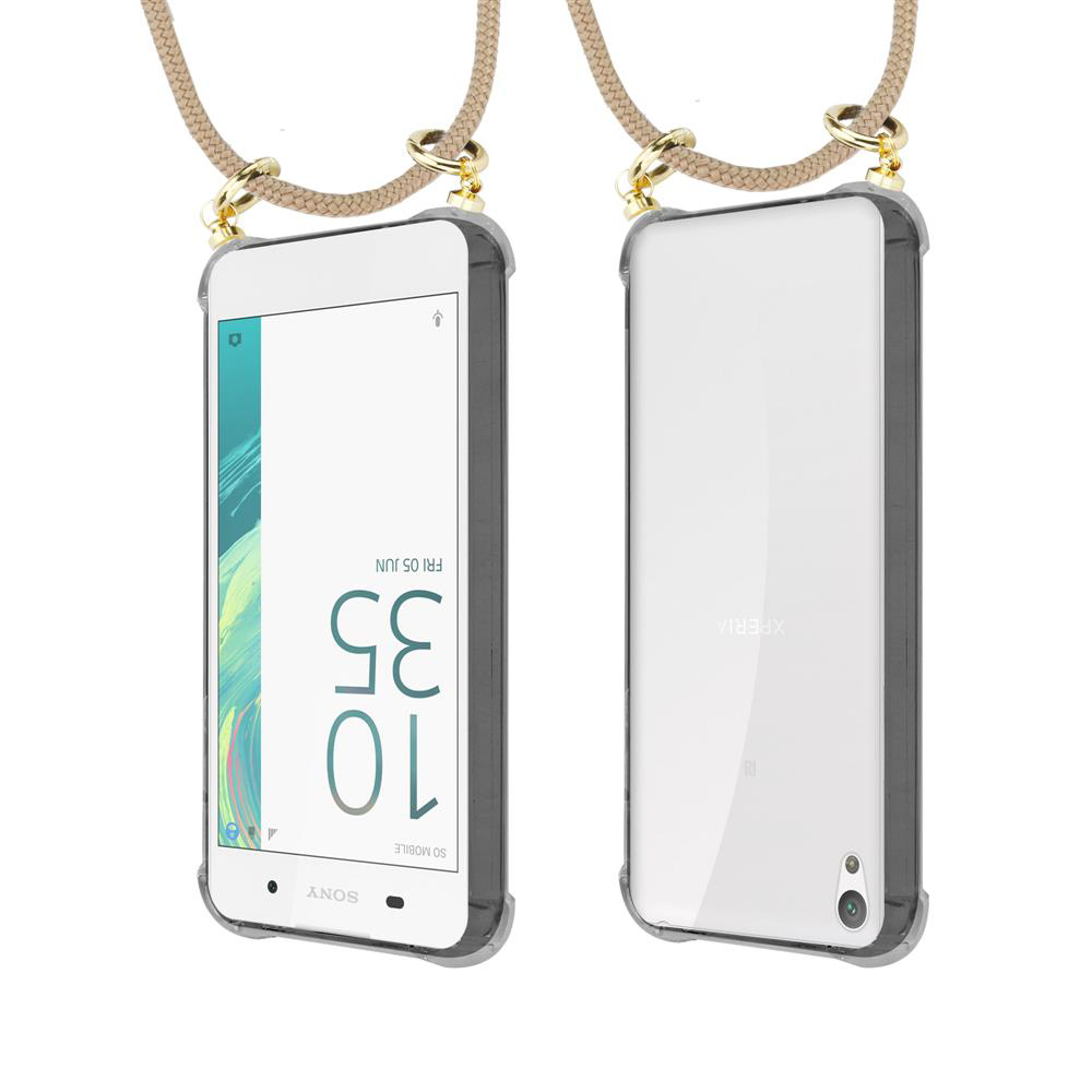 Zwei weiße Sony Xperia Handys mit beige Halsketten.
