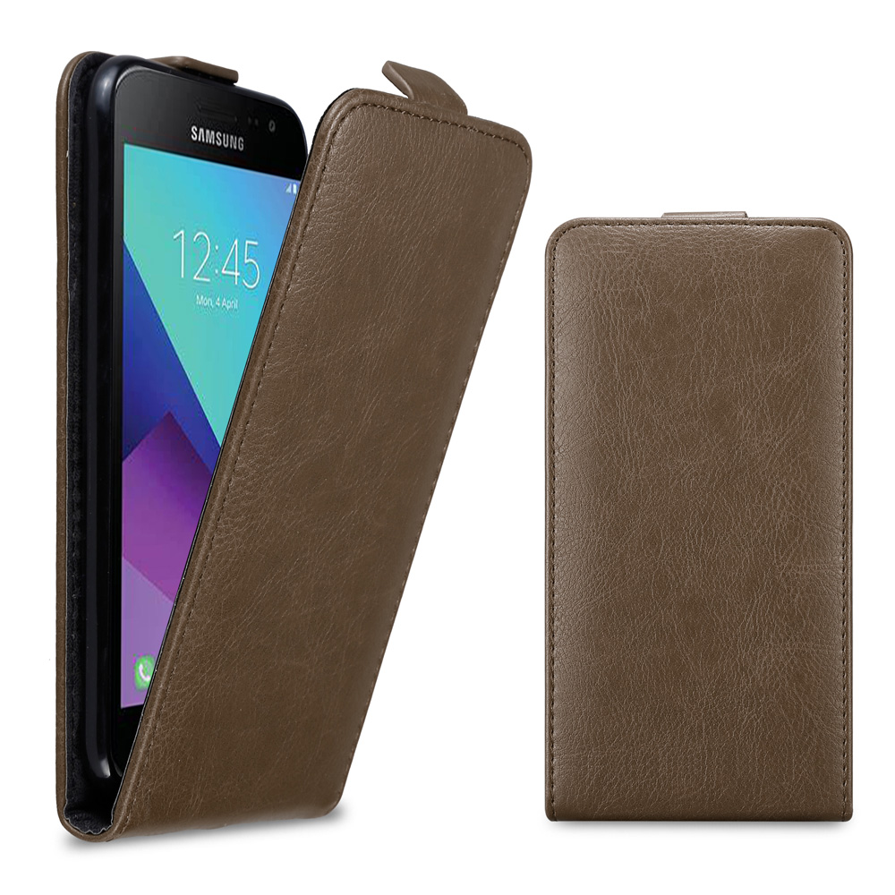 Custodia in pelle marrone per smartphone Samsung con flip aperto, mostra l'ora.