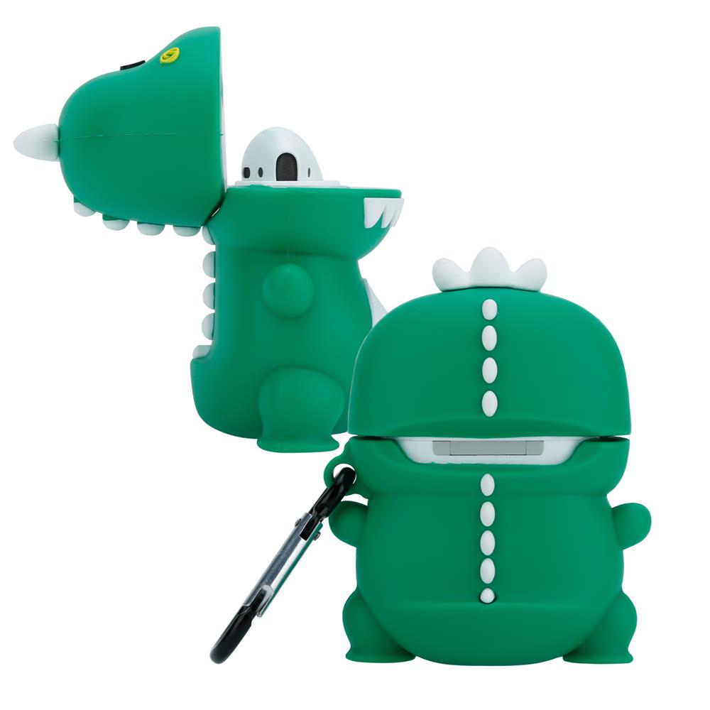 Zwei grüne Dinosaurier-Airpod-Hüllen. Eine offen mit Mund, die andere geschlossen.