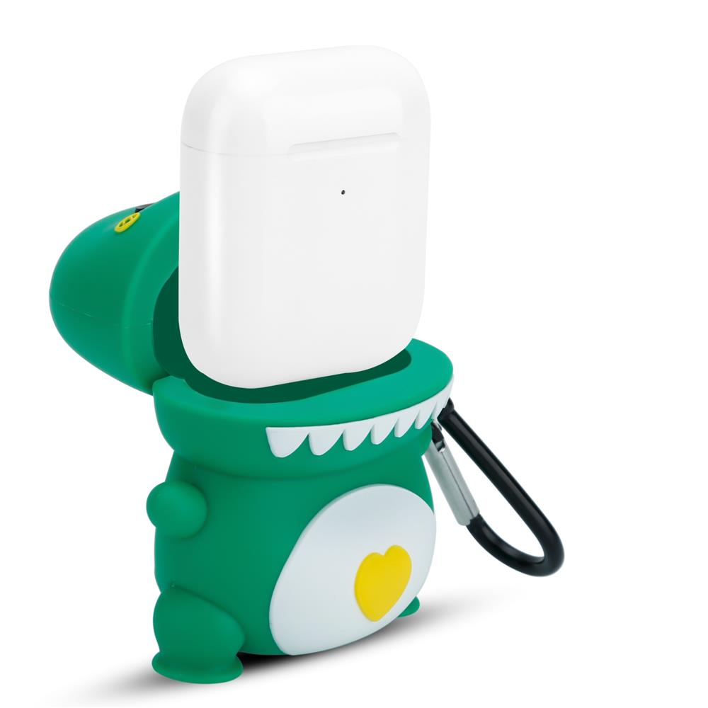 Grünes Dinosaurier-Case mit weißem Herz und AirPods-Hülle.