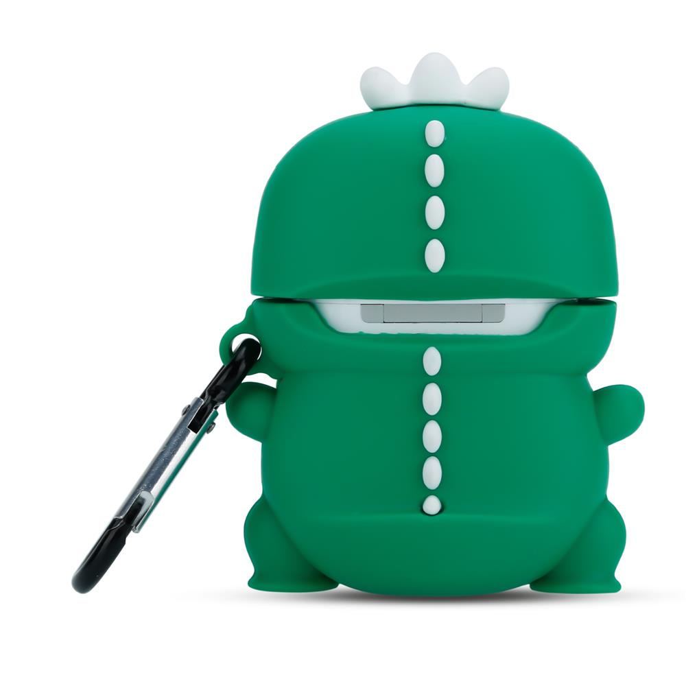 Grüne Frosch-Hülle für Kopfhörer mit weißem Kronenaufsatz und Carabiner.