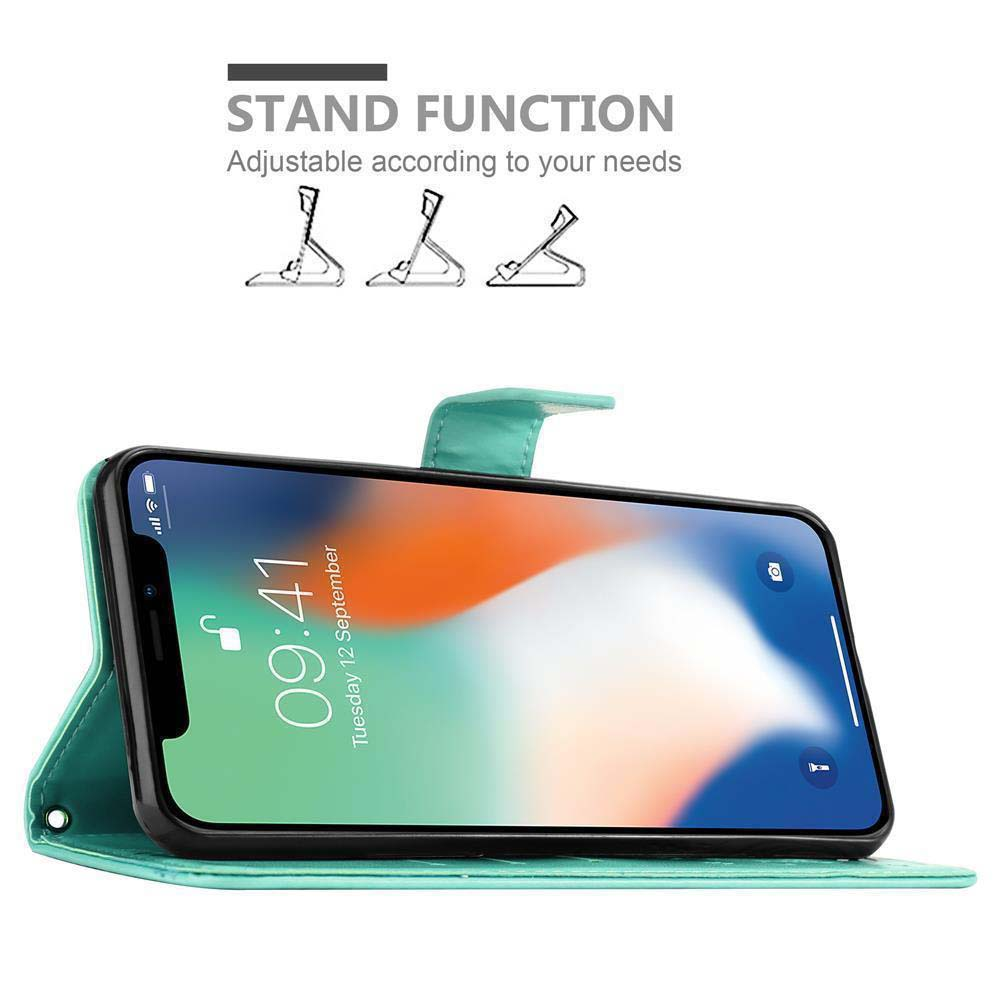 Una custodia per telefono turchese con funzione di supporto mostra uno smartphone con schermo bloccato.