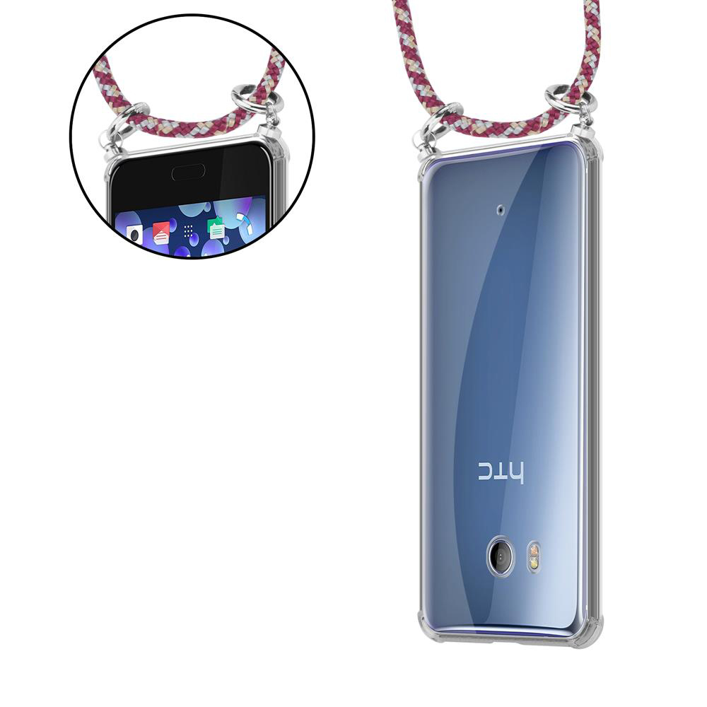 Ein Smartphone mit HTC-Logo und einer Schnur in einer Schutzhülle.