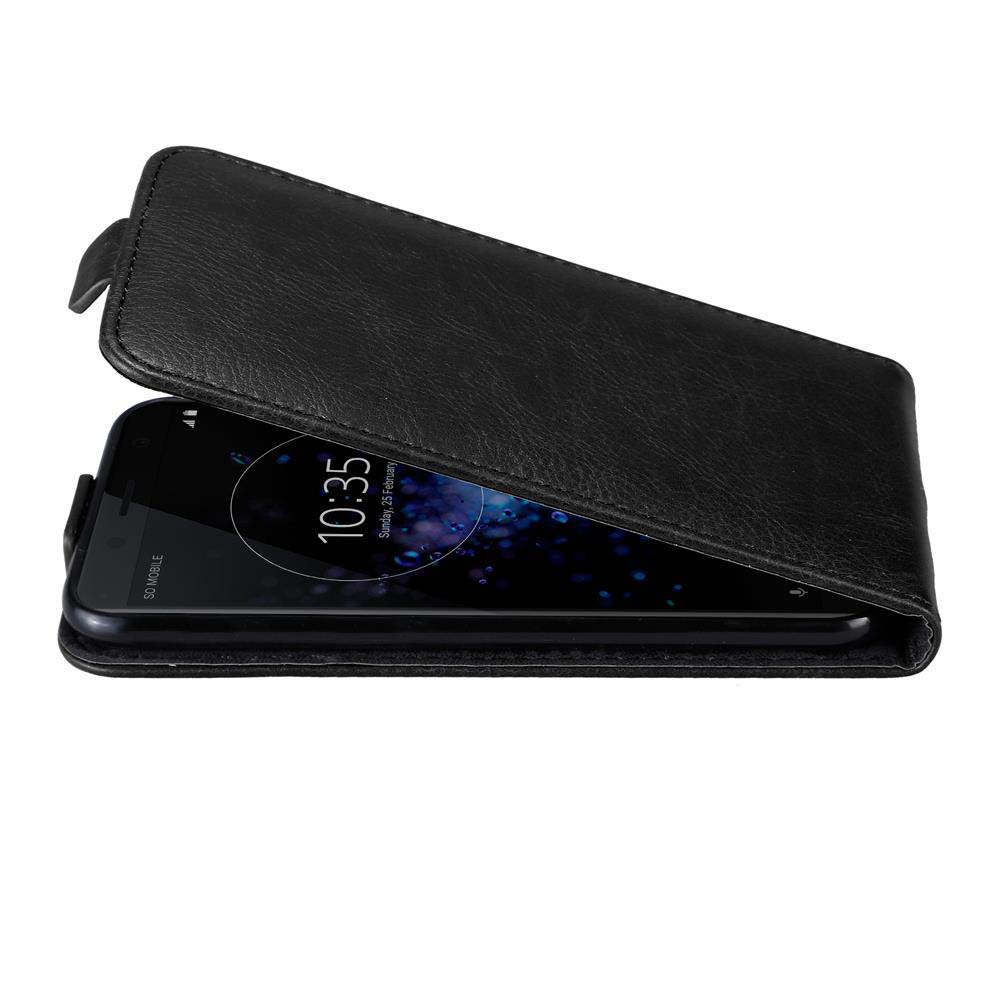 Custodia a libro in pelle nera con smartphone che mostra le 10:35.