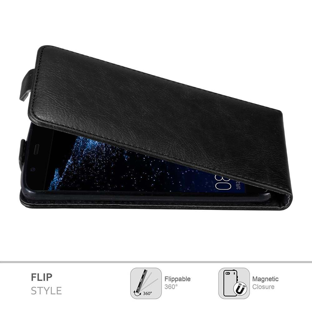 Custodia nera per telefono con copertina aperta, che mostra uno schermo stellato.