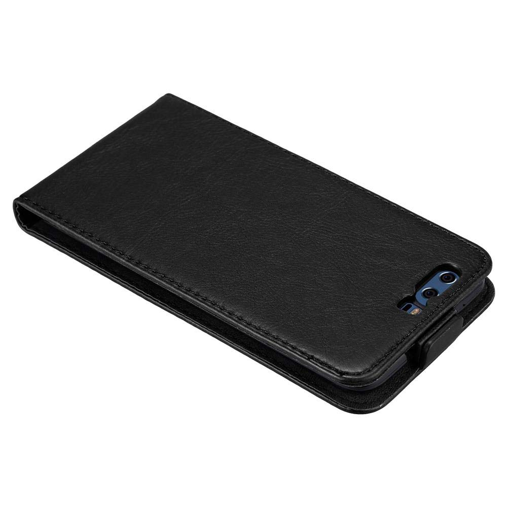 Custodia a libro in pelle nera per smartphone, con ritagli fotocamera.