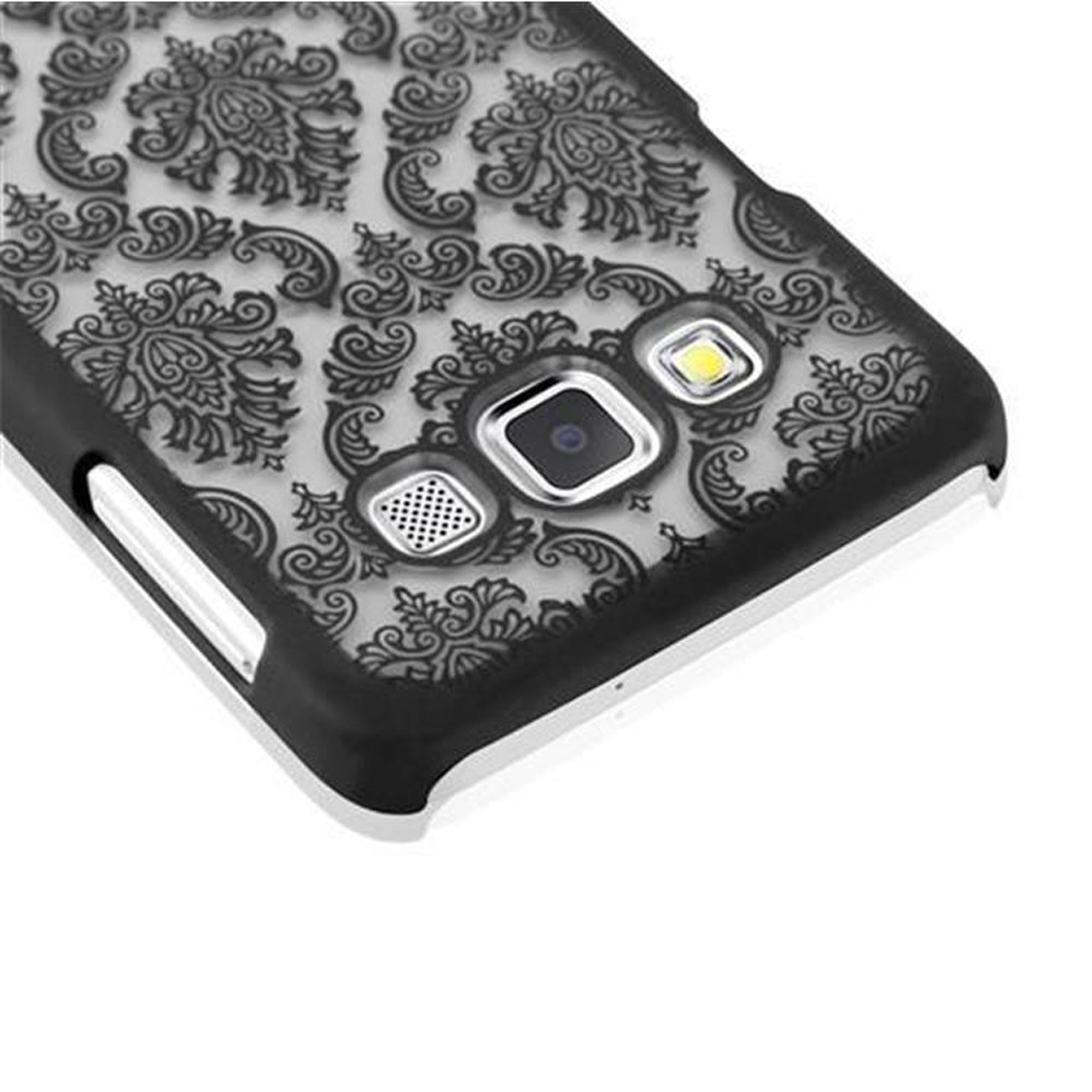 Rückseite eines Smartphones mit schwarzem Muster auf durchsichtigem Gehäuse.