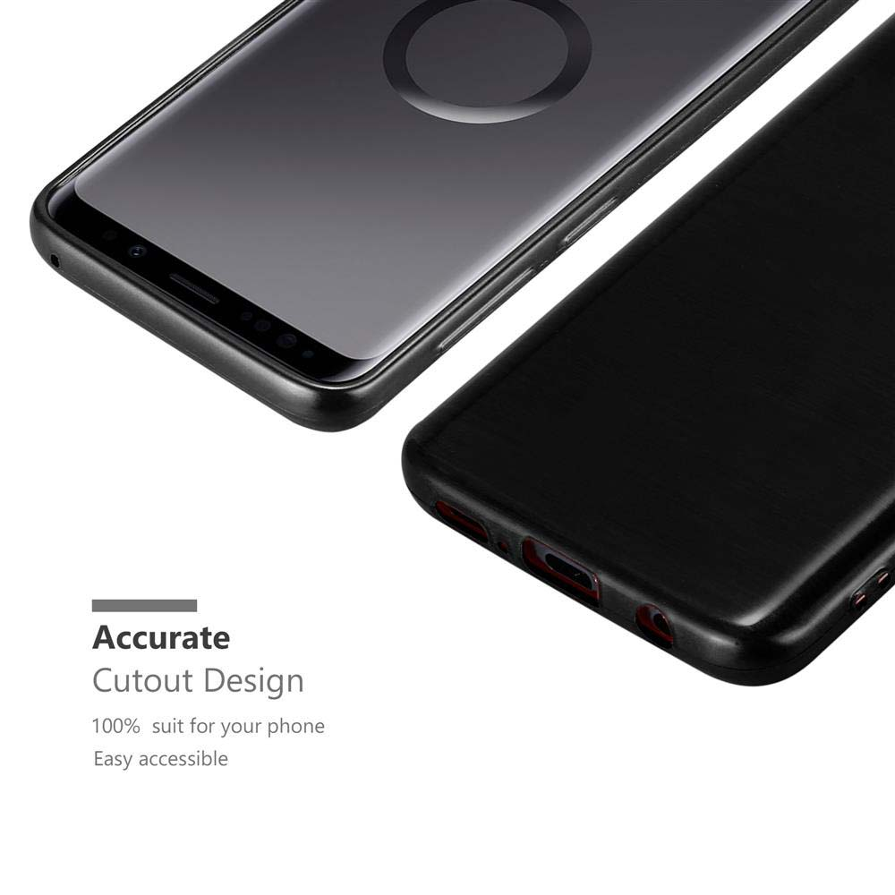 Custodia nera per telefono con texture spazzolata, accanto a uno smartphone nero.