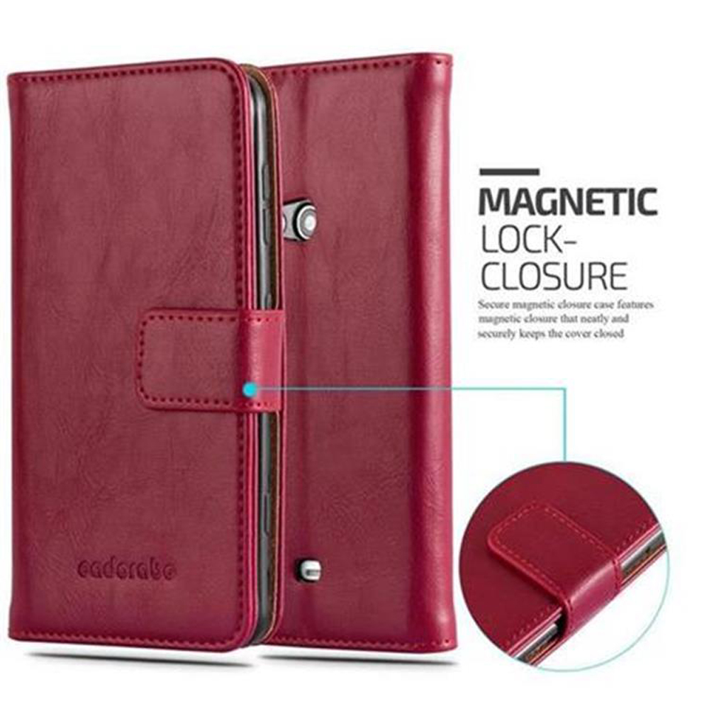 Custodia a libro in pelle rossa per smartphone con chiusura magnetica.