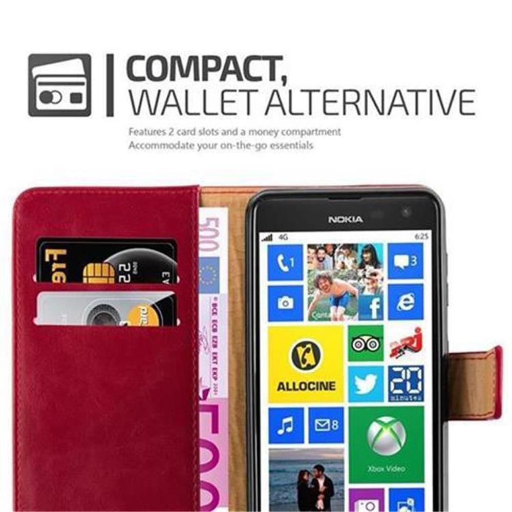 Custodia rossa a portafoglio con smartphone Nokia, carte e banconota da 500 euro.