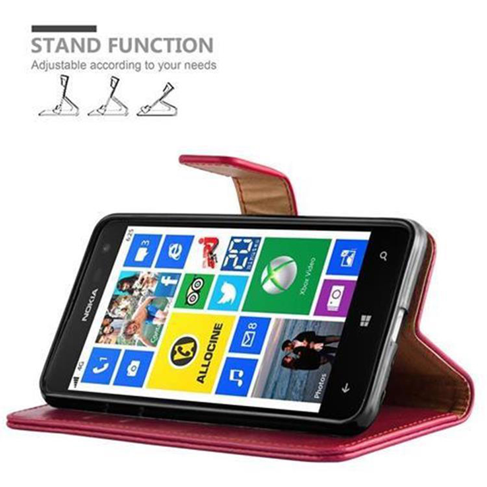 Custodia a portafoglio in pelle rossa per Nokia, funzione stand e icone app colorate.