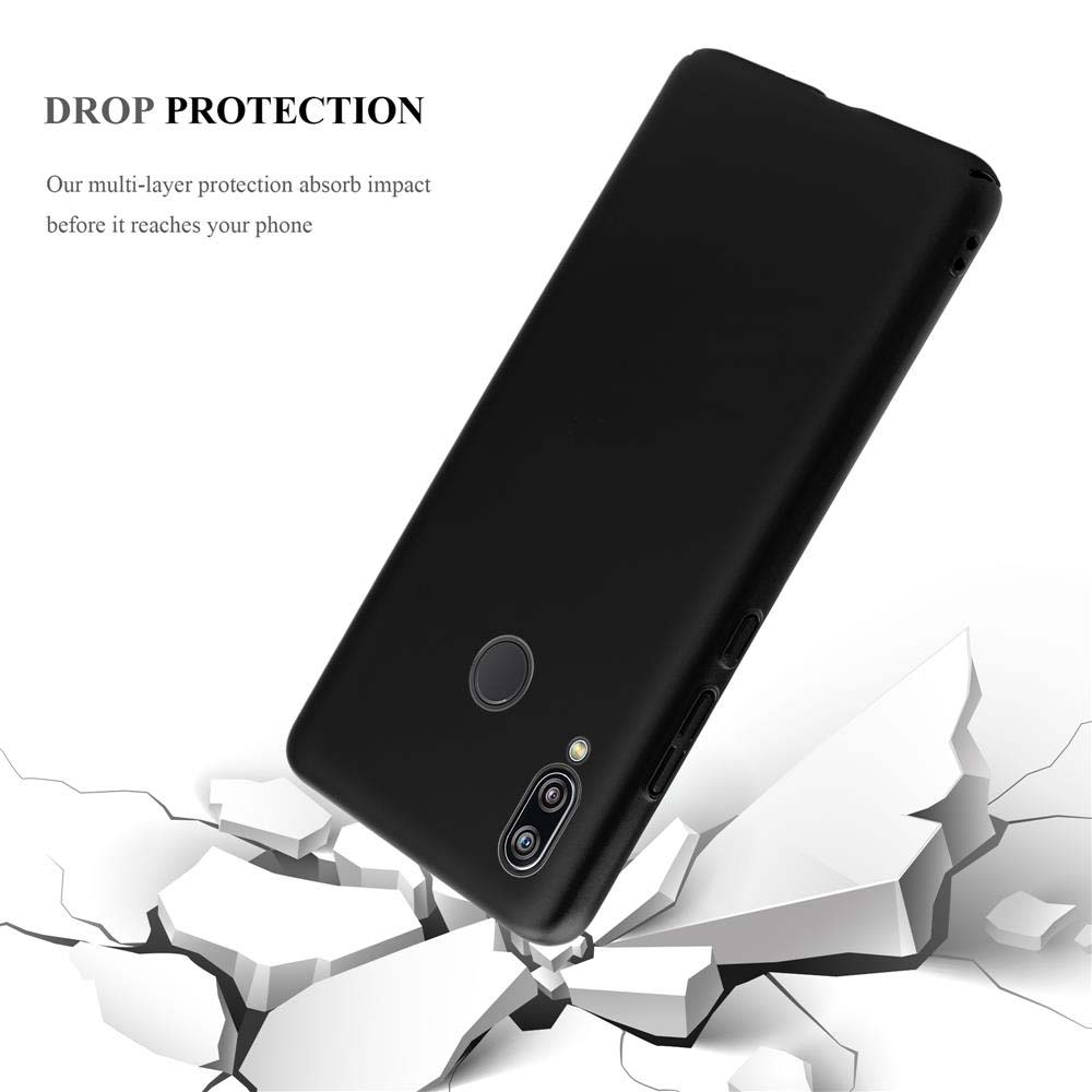 Cover nera per telefono che sfonda una superficie bianca.