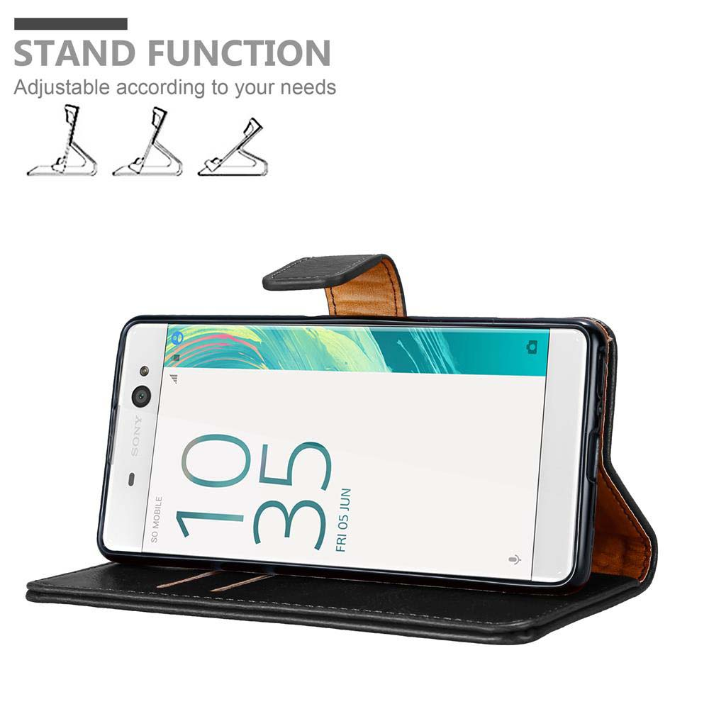 Smartphone Sony in custodia nera con funzione stand.