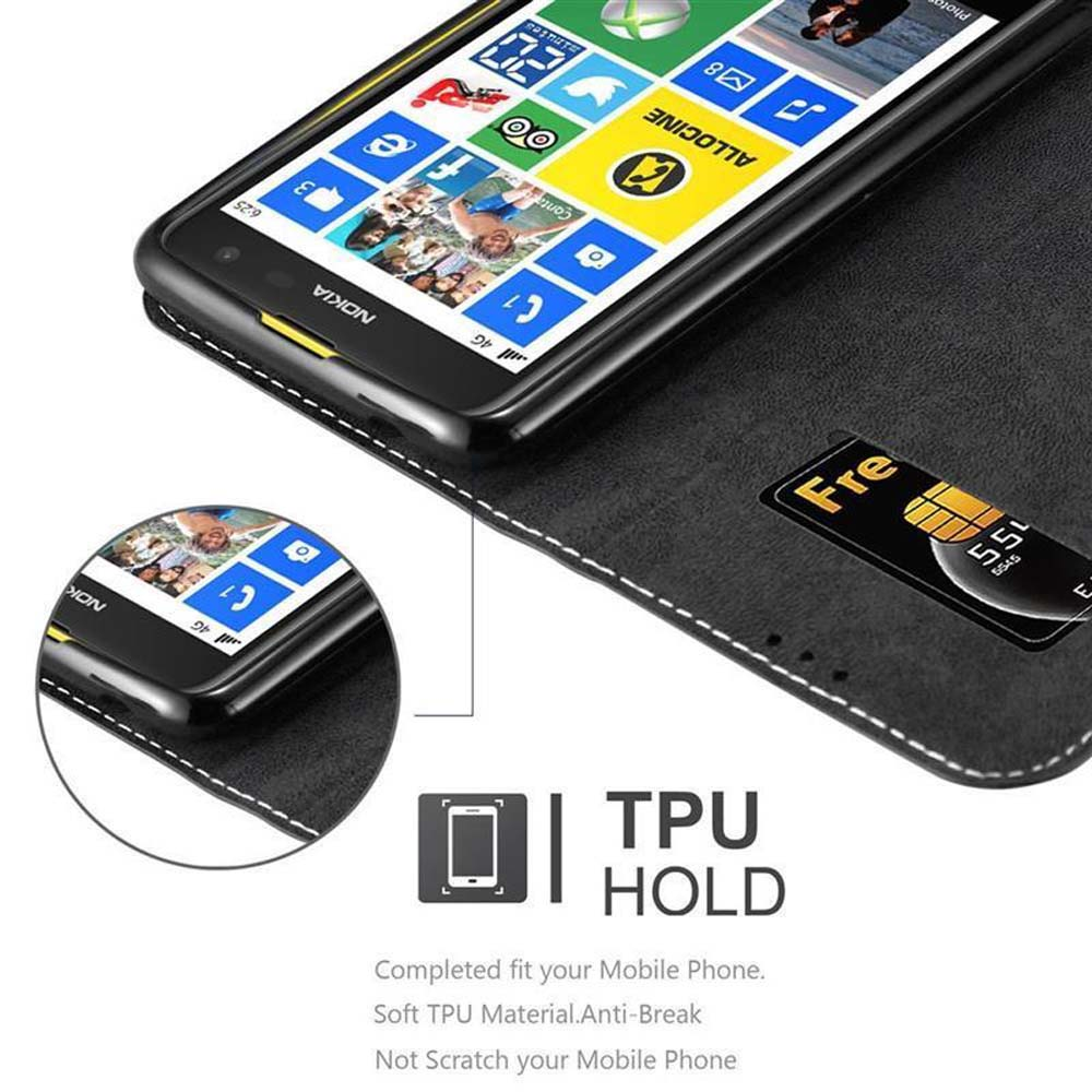 Una custodia a portafoglio nera contiene un telefono Nokia con schermo colorato. È visibile una SIM.