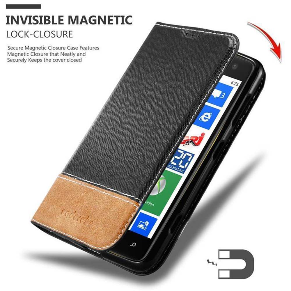 Custodia per telefono nera e marrone chiaro con chiusura magnetica. Schermo telefono mostra app.