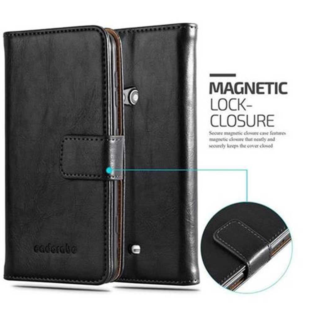 Custodia in pelle nera con chiusura magnetica e vista dettagliata.