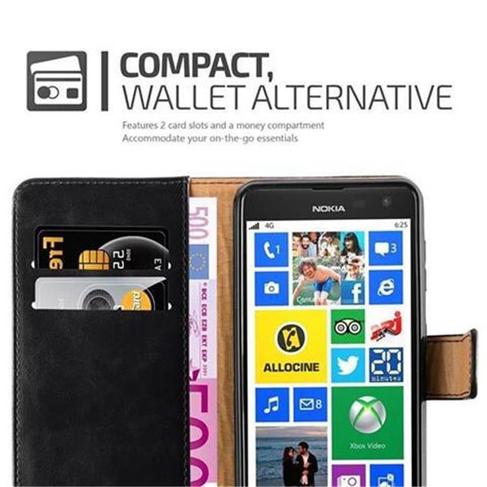 Una custodia a portafoglio nera con uno smartphone Nokia con interfaccia a riquadri colorati.