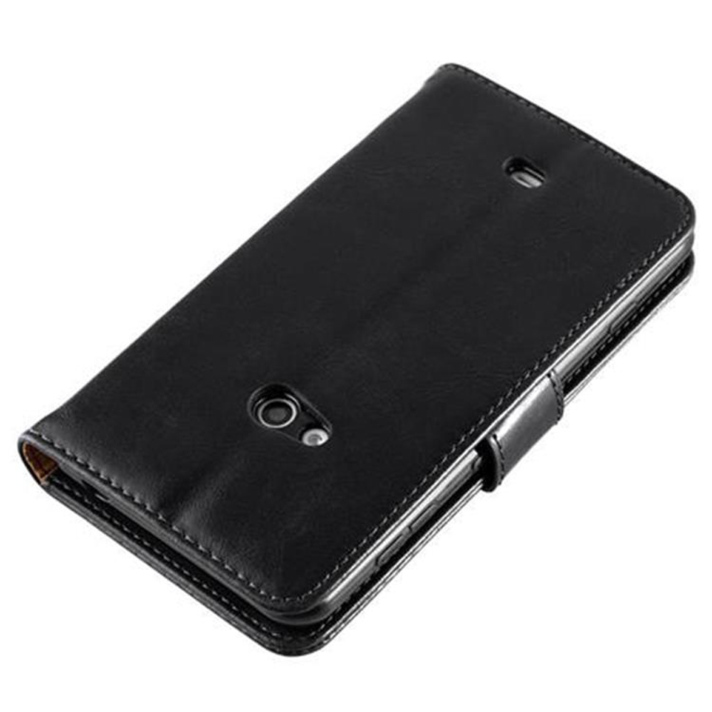 Una custodia a libro in pelle nera per smartphone con foro per fotocamera.