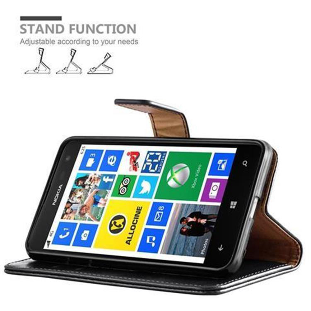 Uno smartphone Nokia in una custodia in pelle marrone con funzione stand. Lo schermo mostra le tessere.