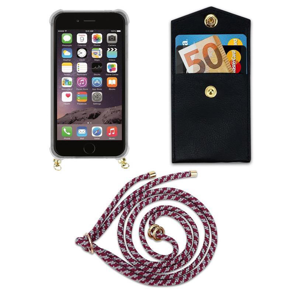iPhone in cover, porta carte con banconota da 50 euro e carte di credito, corda.