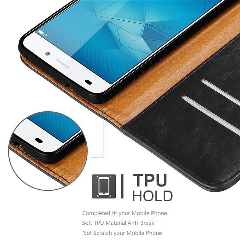 Ein Smartphone in einer braunen und schwarzen TPU-Hülle. Enthält eine Nahaufnahme.