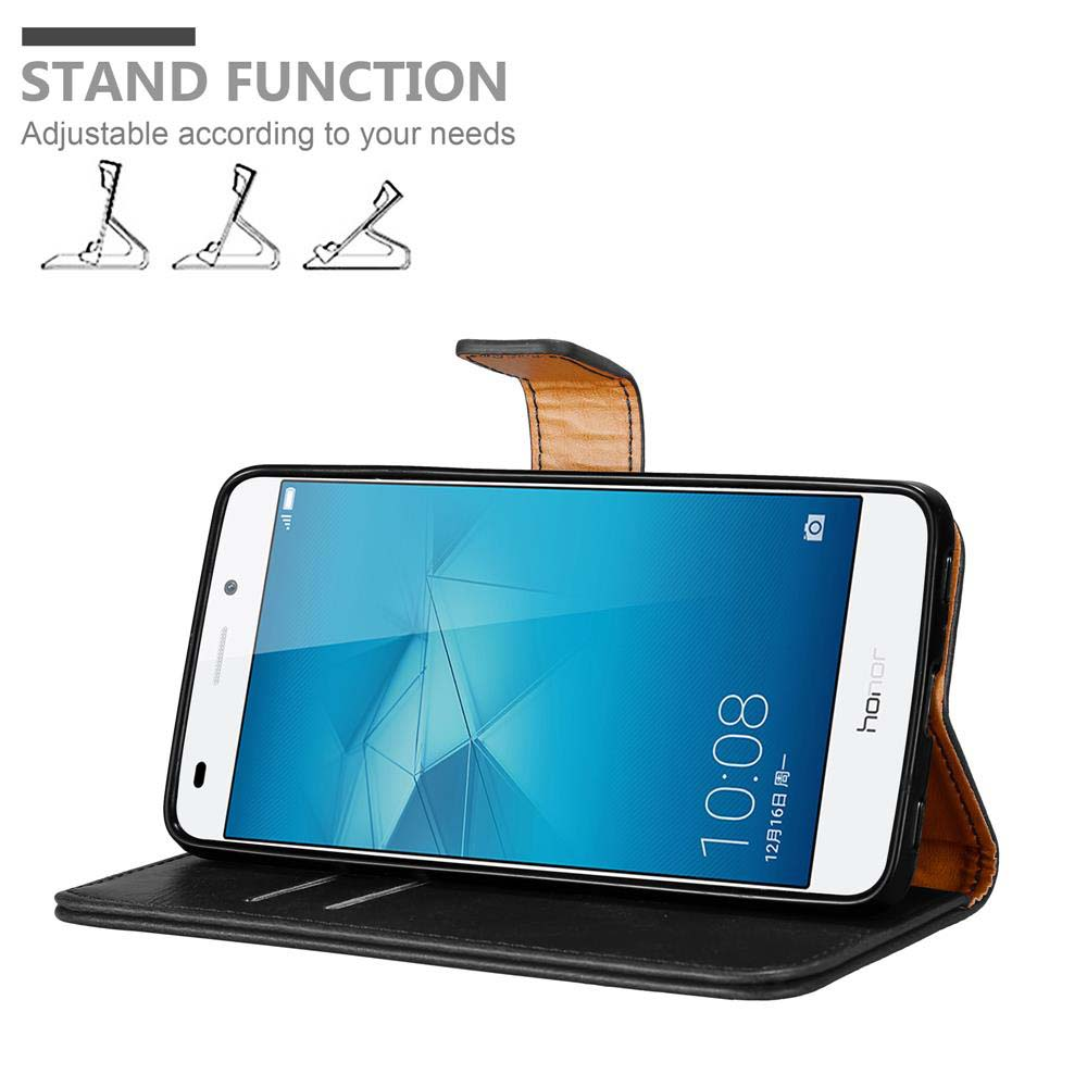 Schwarze Handyhülle mit Ständerfunktion und Smartphone.