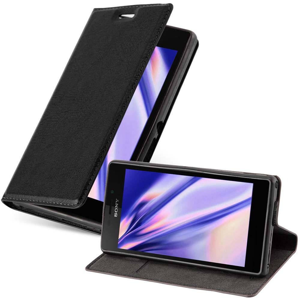 Ein schwarzes Smartphone in einer schwarzen Hülle mit offenem Deckel auf einem weißen Hintergrund.
