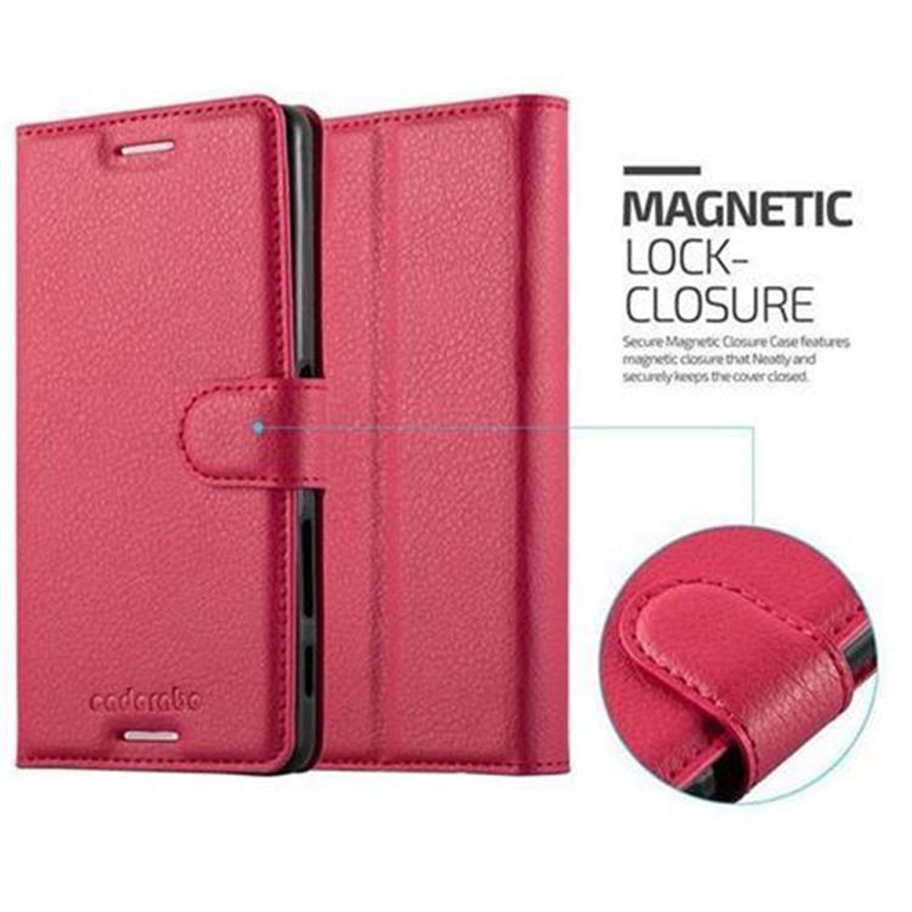 Custodia in pelle rossa per telefono con chiusura magnetica e logo.