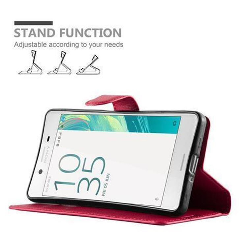 Una custodia rossa per telefono con funzione stand. Mostra ora e data.