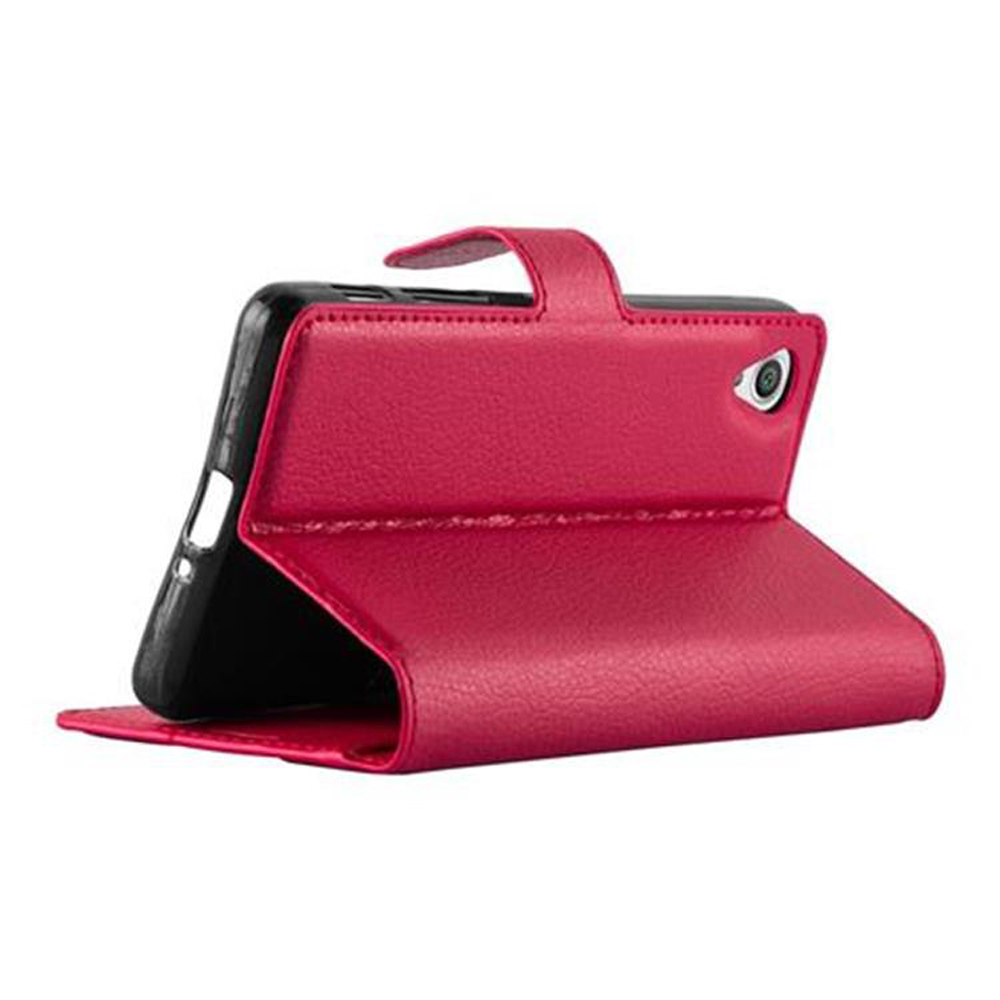 Custodia rossa per telefono con funzione stand e accesso fotocamera.