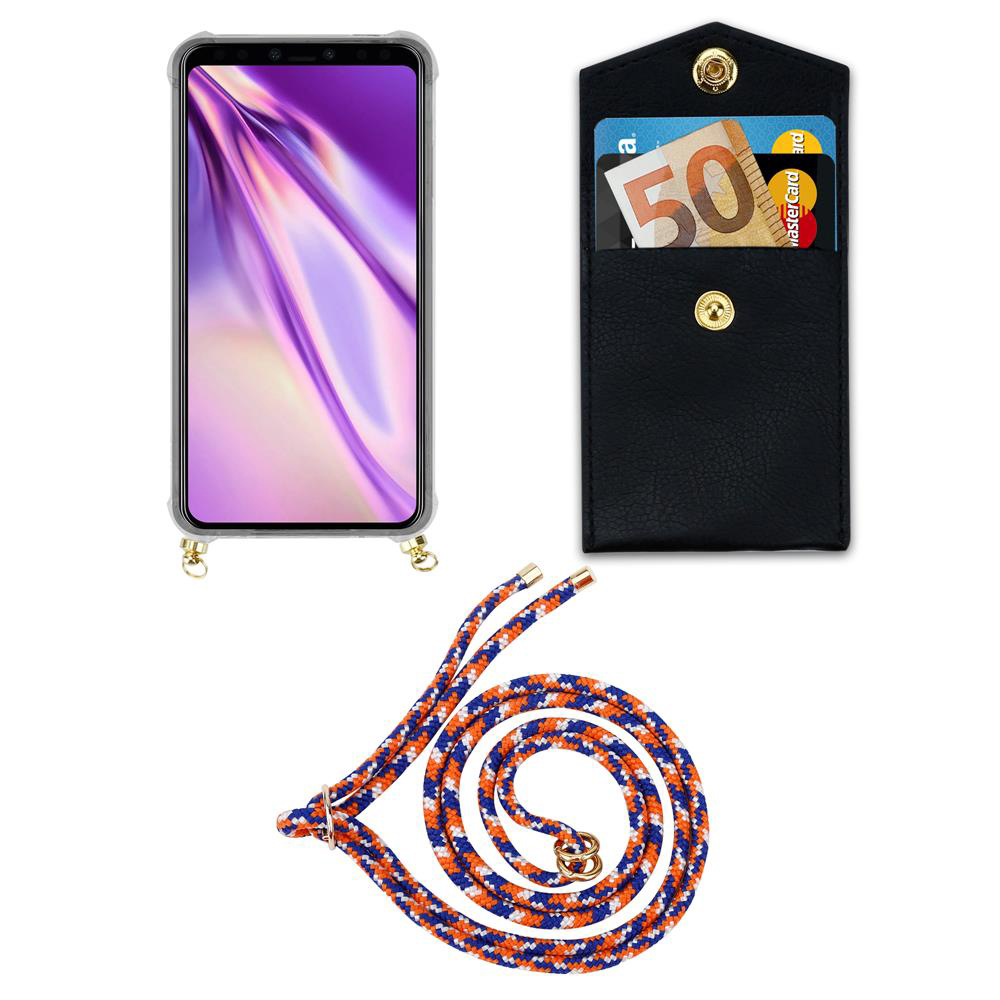 Smartphone mit Hülle, Kartenetui mit Geld und Karte, Kordel.